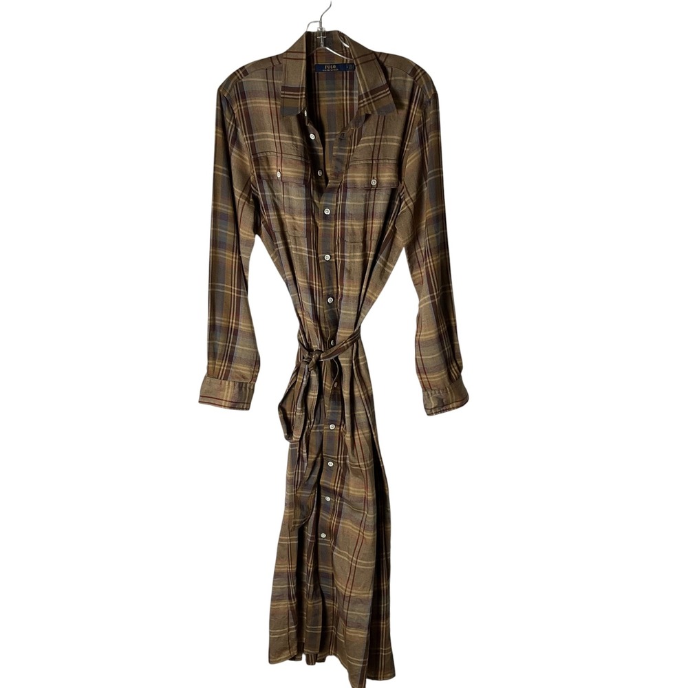 Polo Ralph Lauren Flannel Belted Midi Shirt Dress Brown Plaid Size XL - Picture 2 of 9